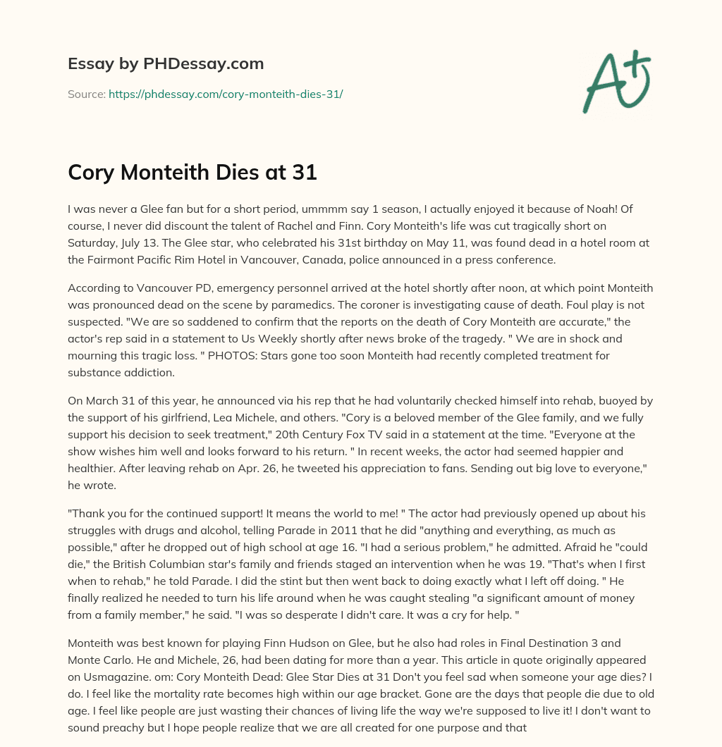 Cory Monteith Dies at 31 essay