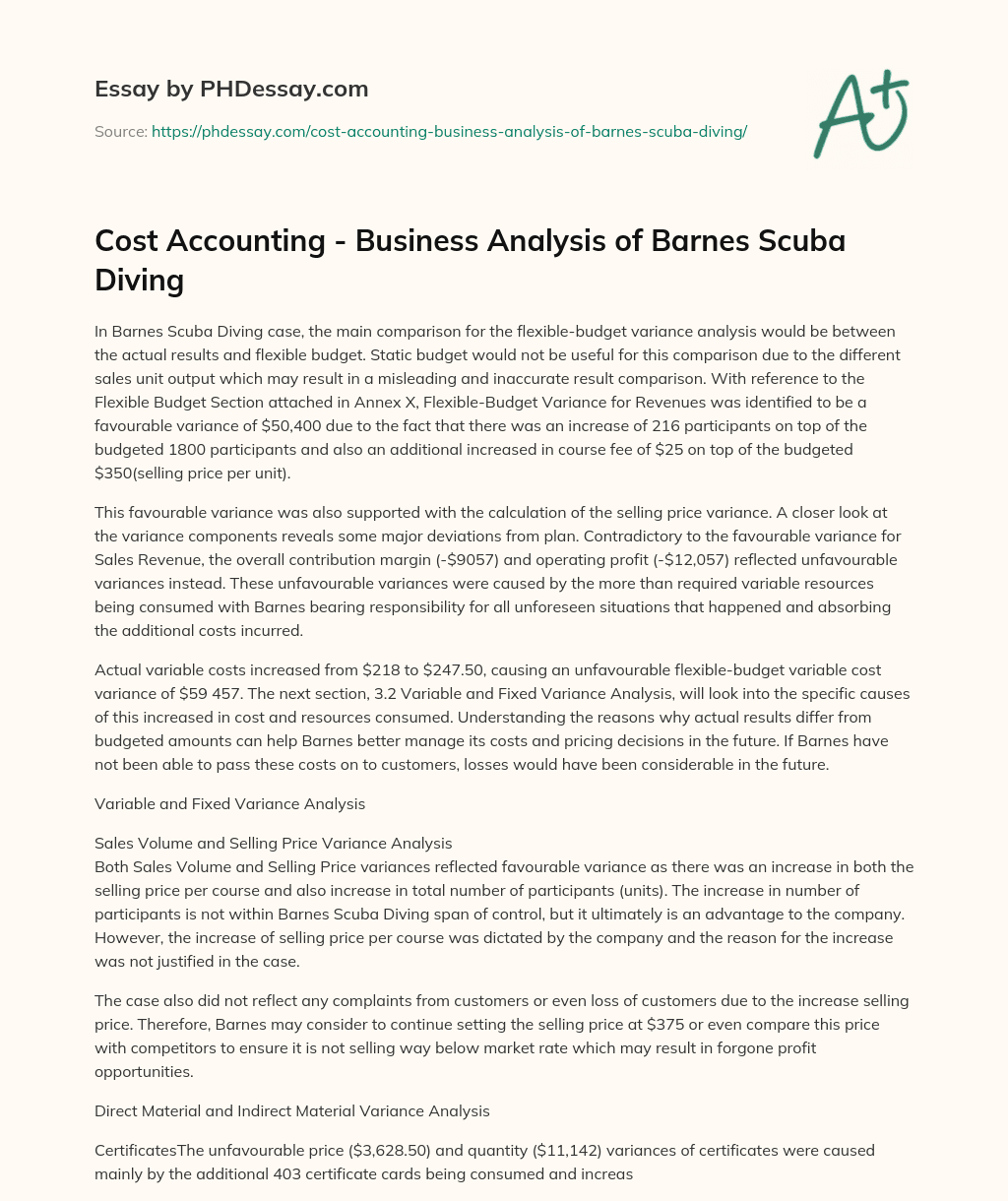 Cost Accounting – Business Analysis of Barnes Scuba Diving essay