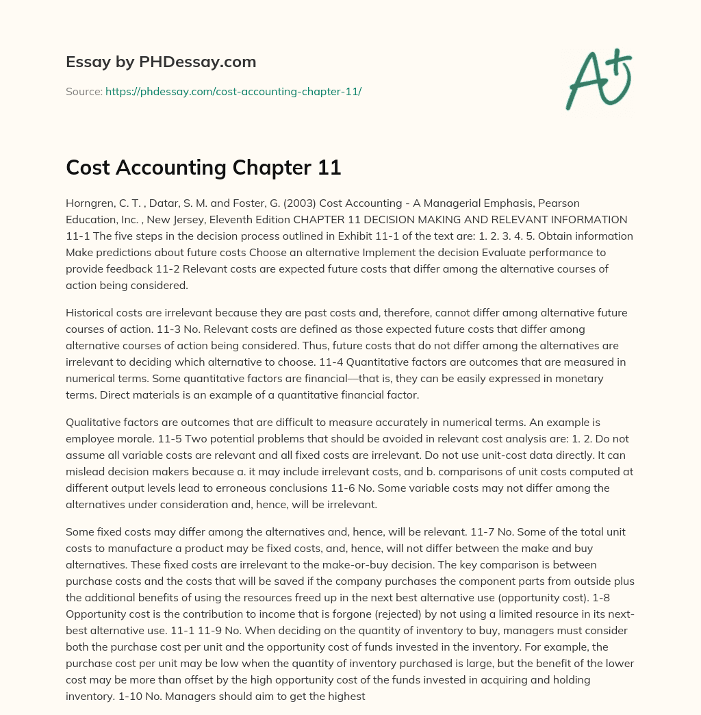 Cost Accounting Chapter 11 essay