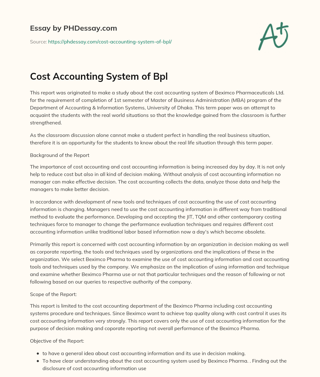 Cost Accounting System of Bpl essay