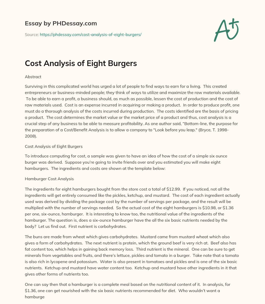Cost Analysis of Eight Burgers essay