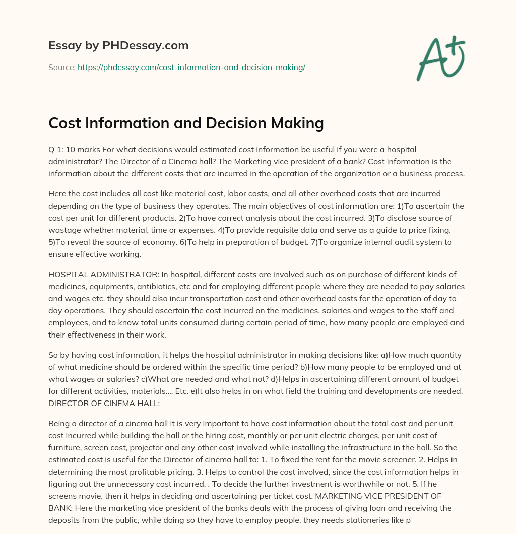 Cost Information and Decision Making essay