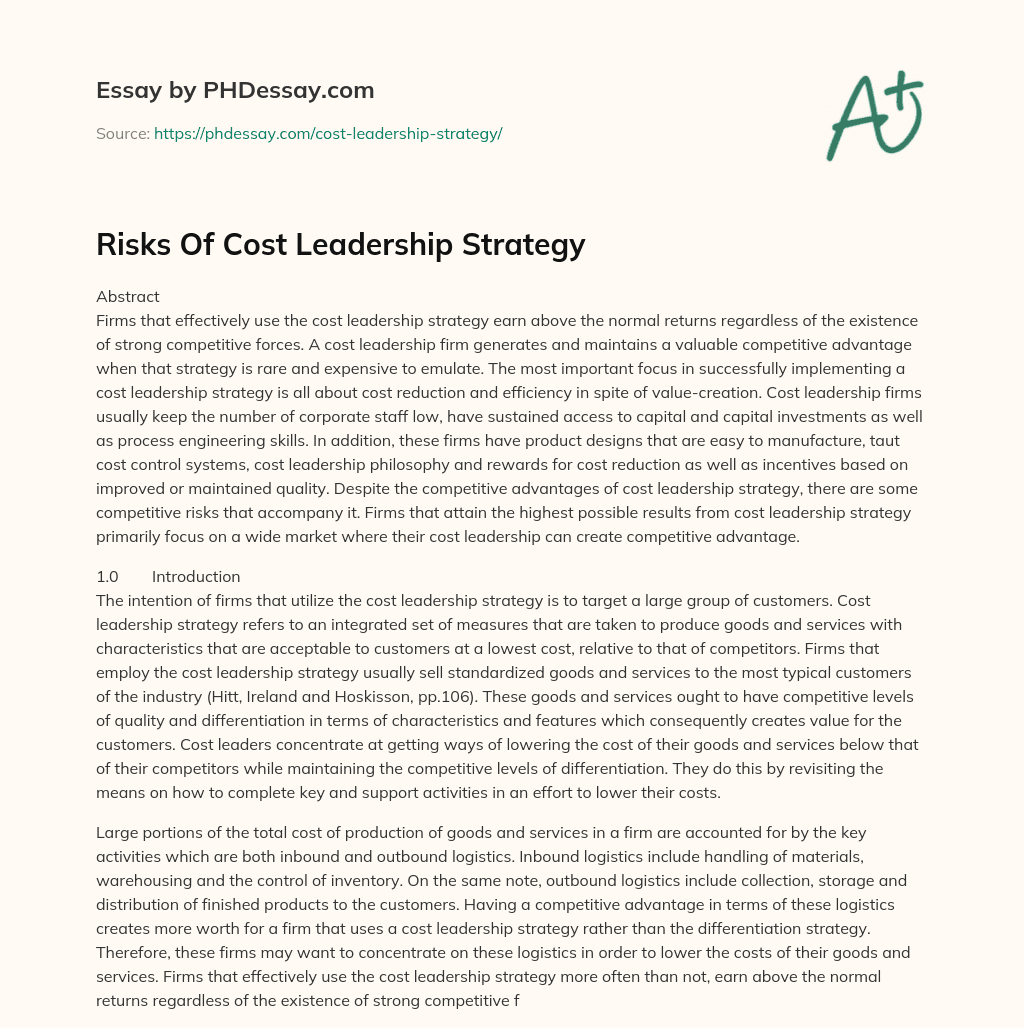 Risks Of Cost Leadership Strategy essay