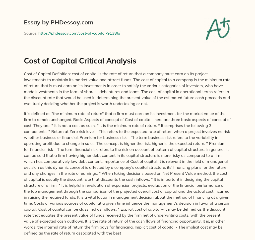 Cost of Capital Critical Analysis essay
