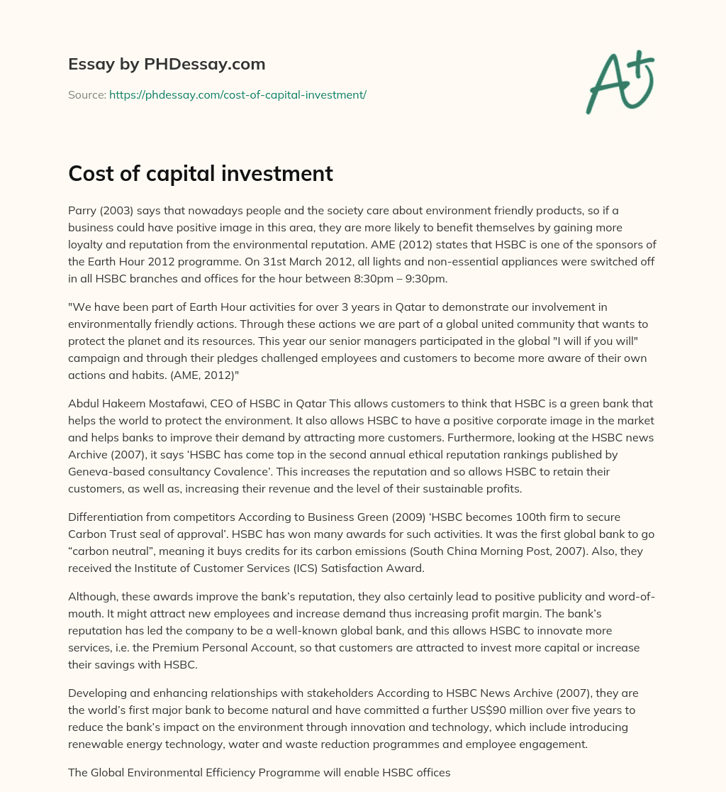Cost of capital investment essay