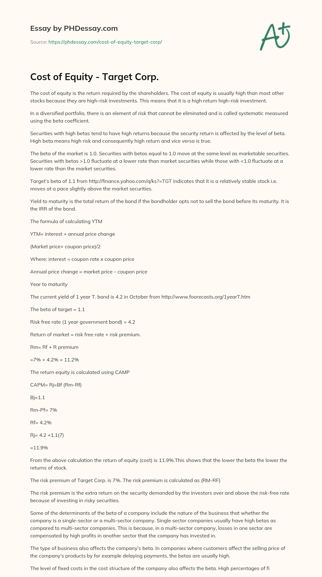 Cost of Equity – Target Corp. essay