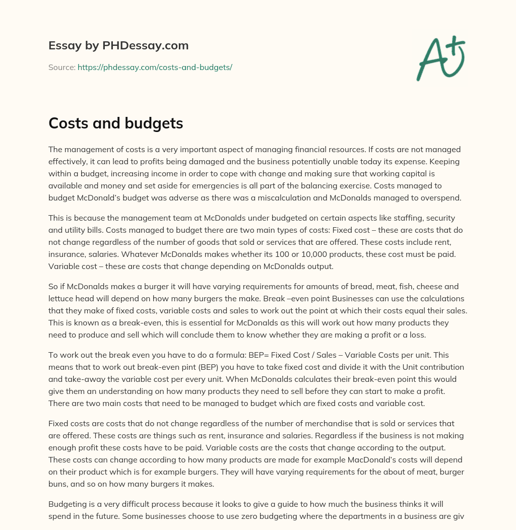 Costs and budgets essay