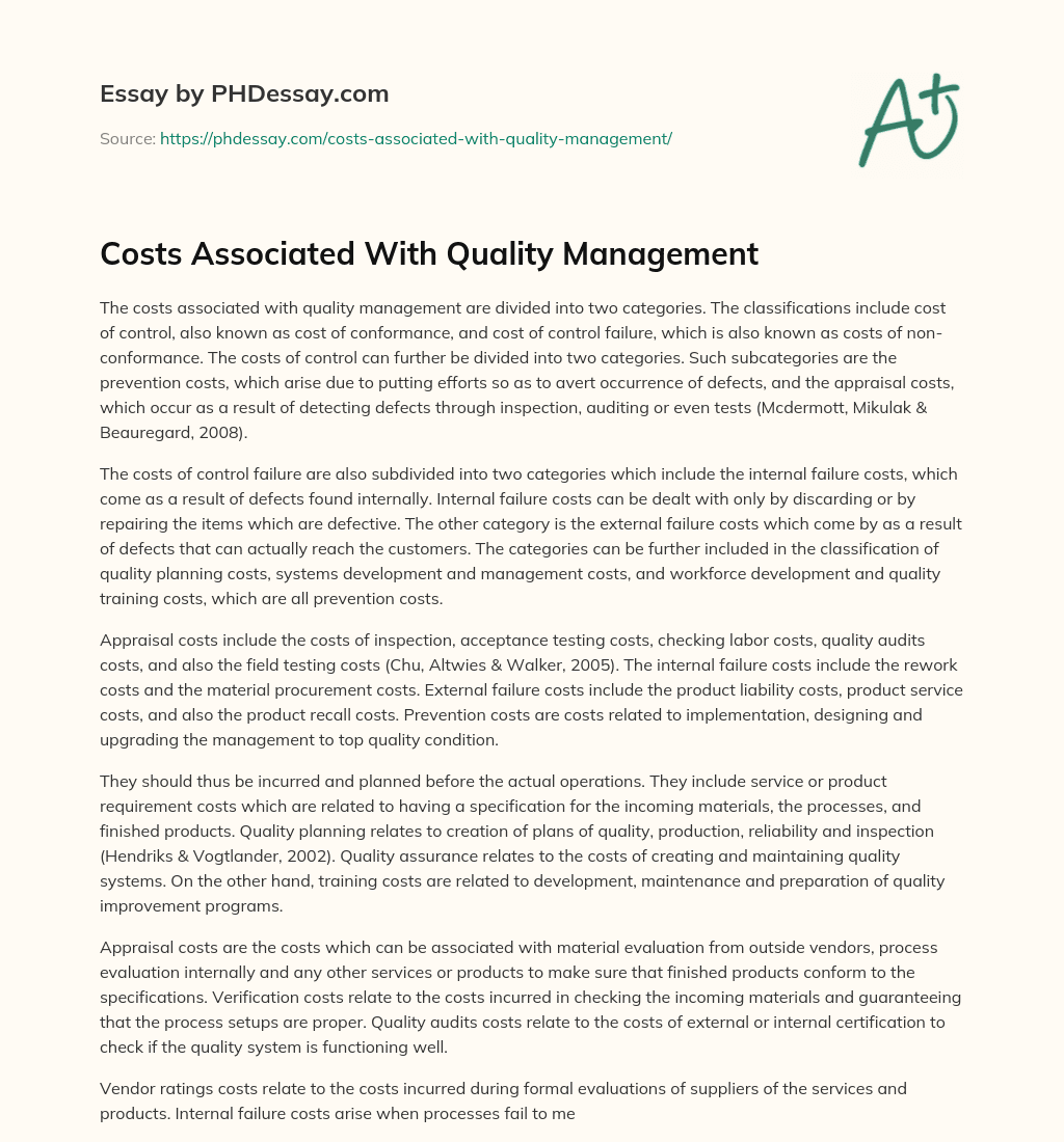 Costs Associated With Quality Management essay