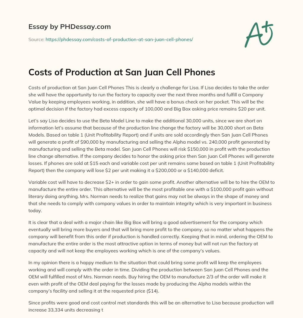 Costs of Production at San Juan Cell Phones essay