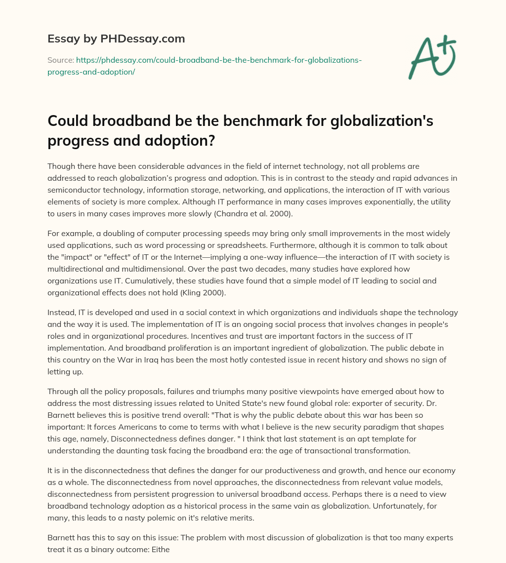 Could broadband be the benchmark for globalization’s progress and adoption? essay