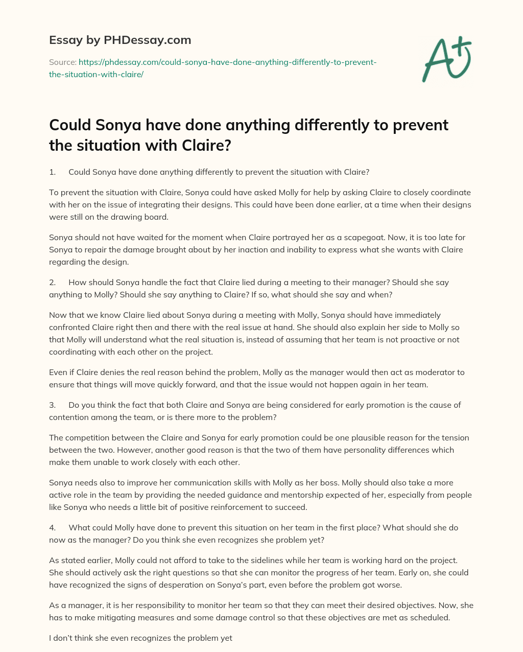 Could Sonya have done anything differently to prevent the situation with Claire? essay