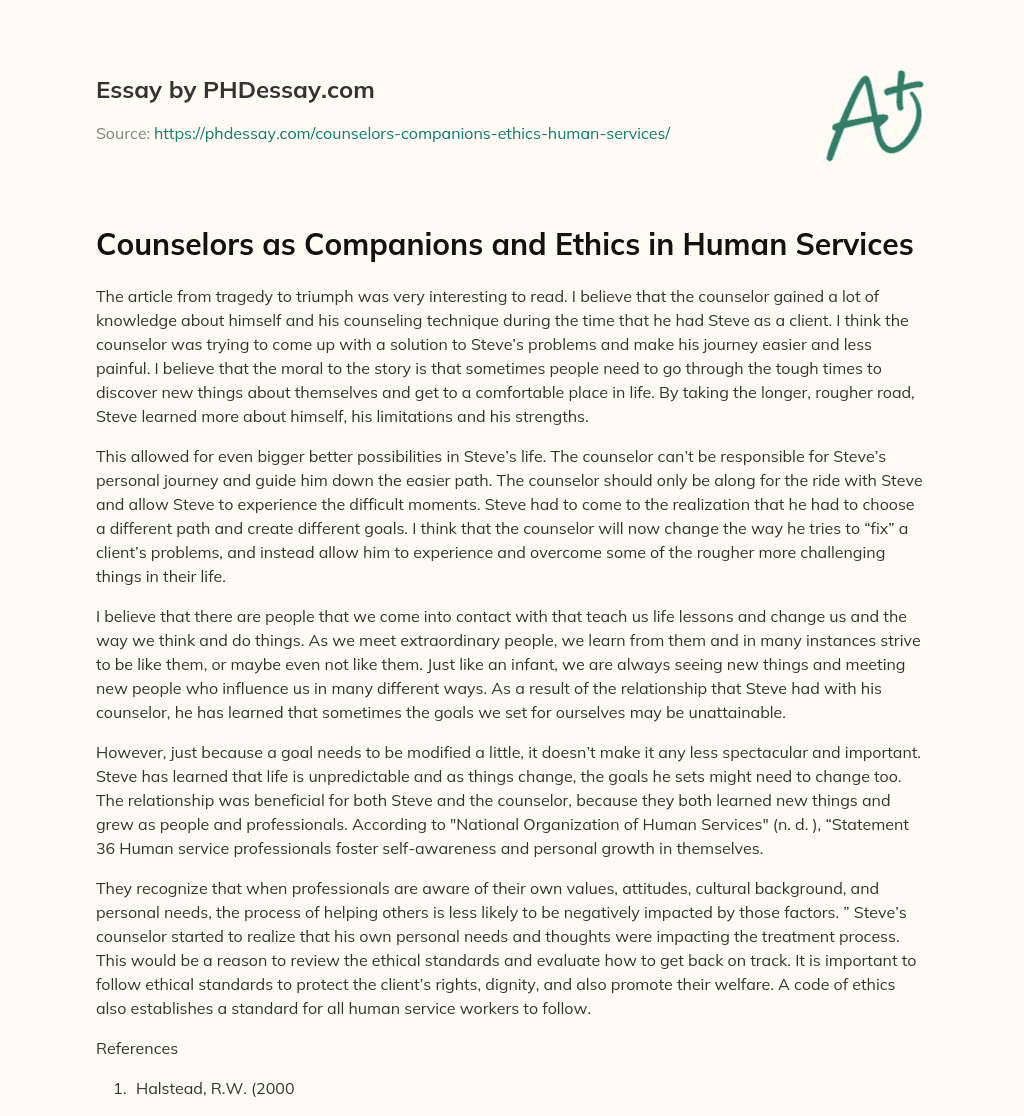 Counselors as Companions and Ethics in Human Services essay