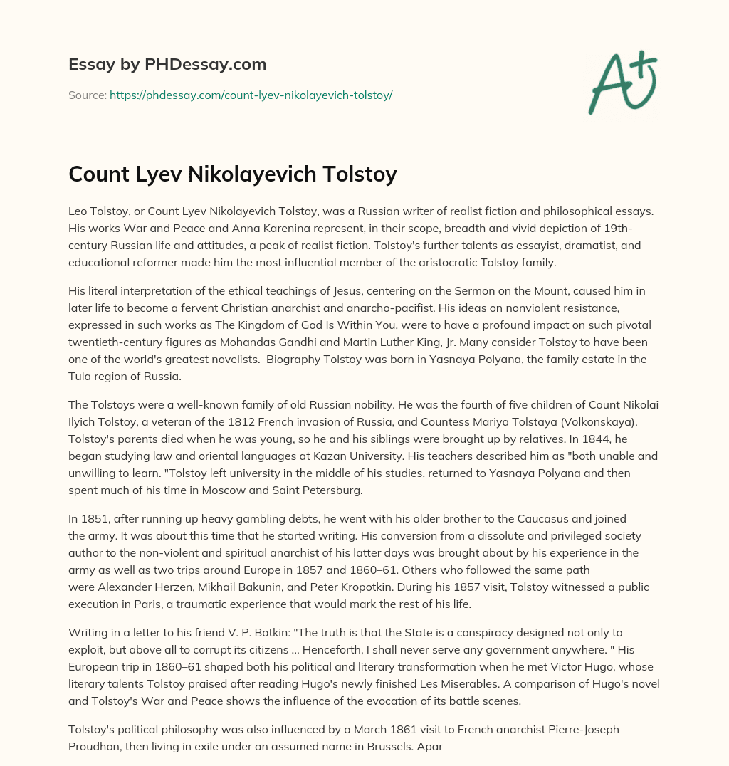 Count Lyev Nikolayevich Tolstoy essay
