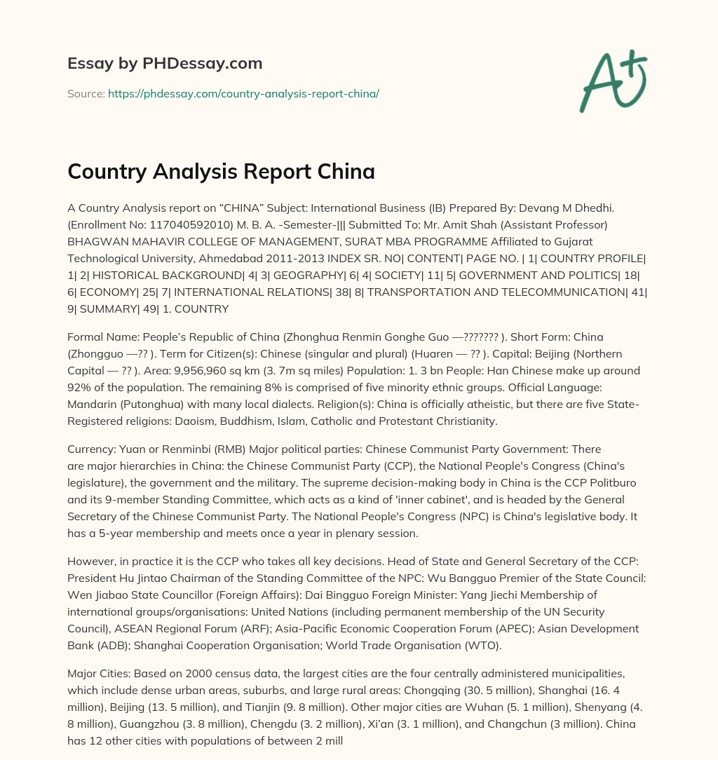 Country Analysis Report China essay