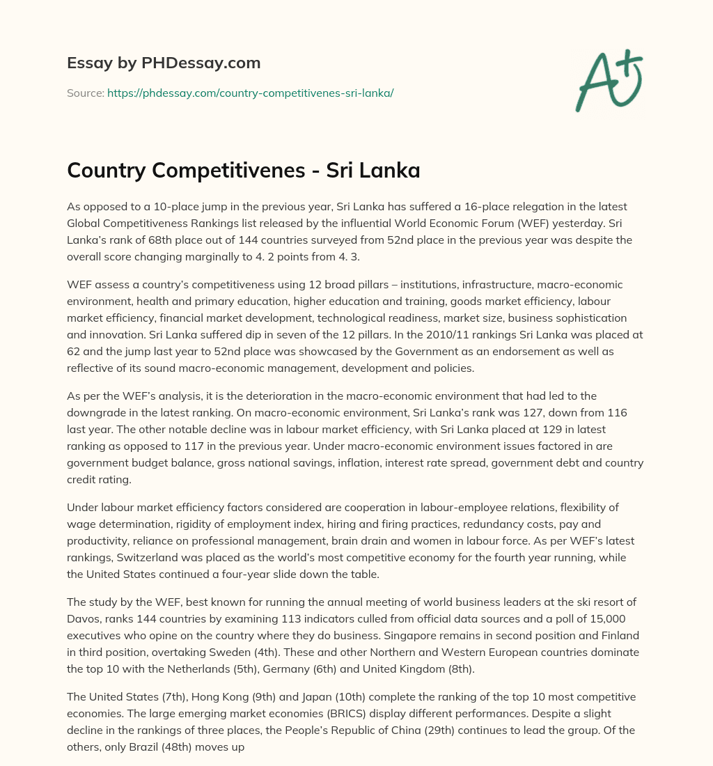 Country Competitivenes – Sri Lanka essay
