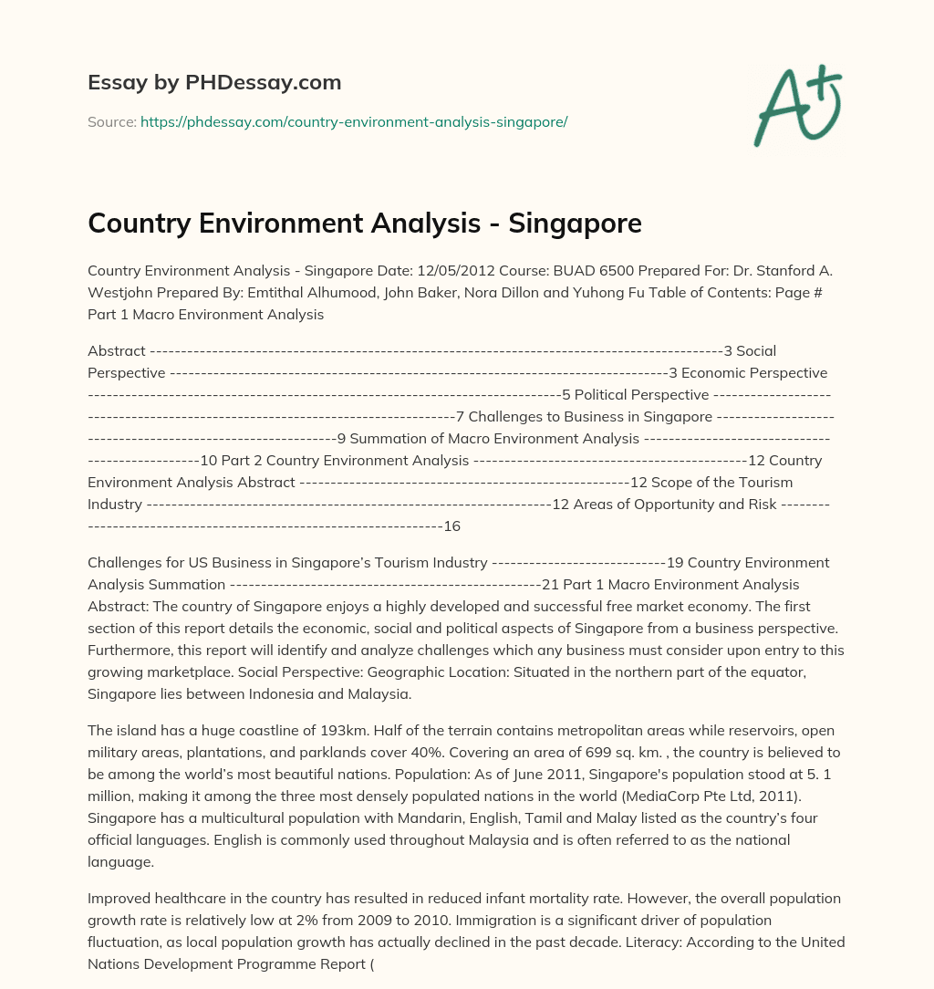 Country Environment Analysis – Singapore essay