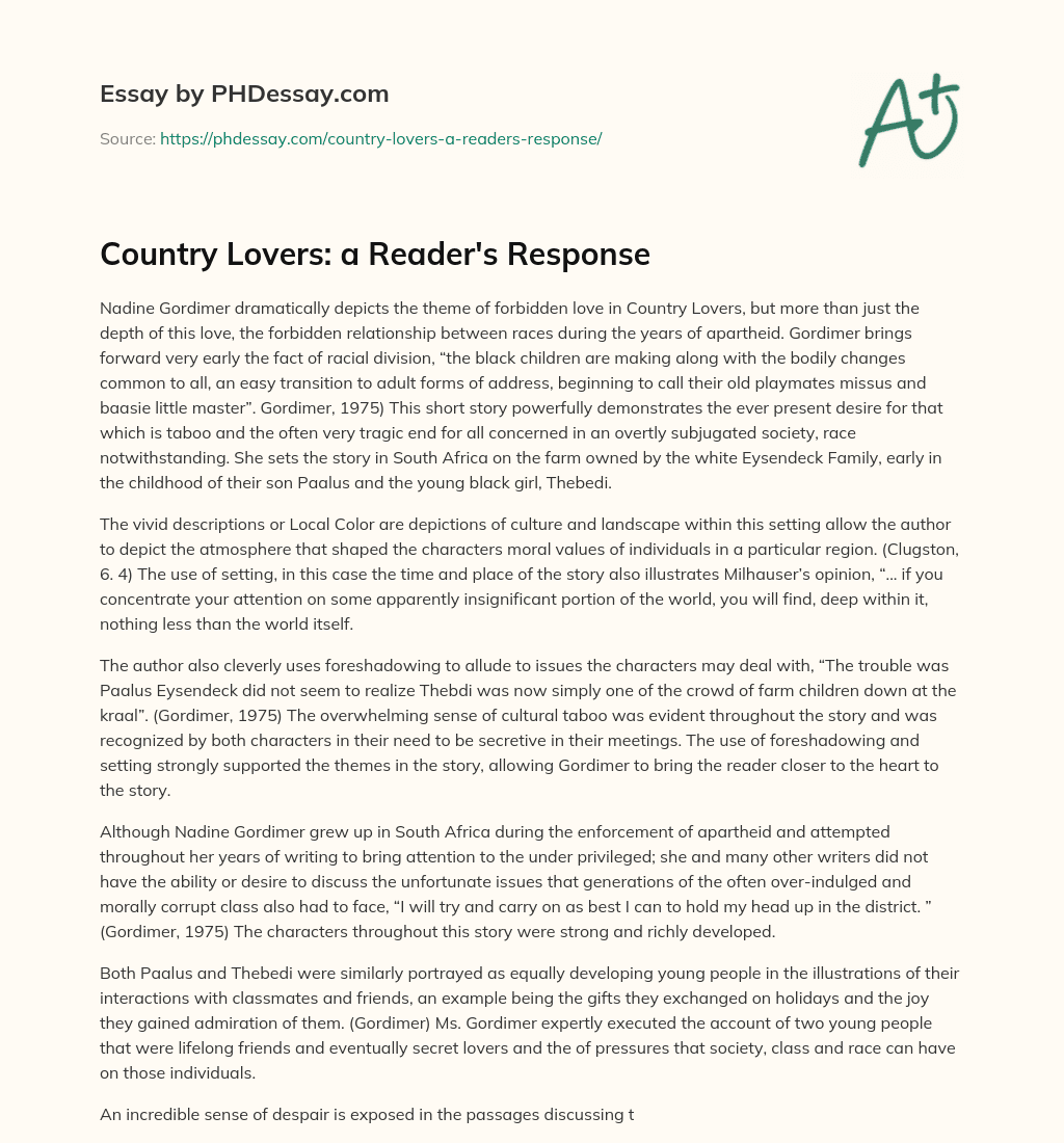 Country Lovers: a Reader’s Response essay