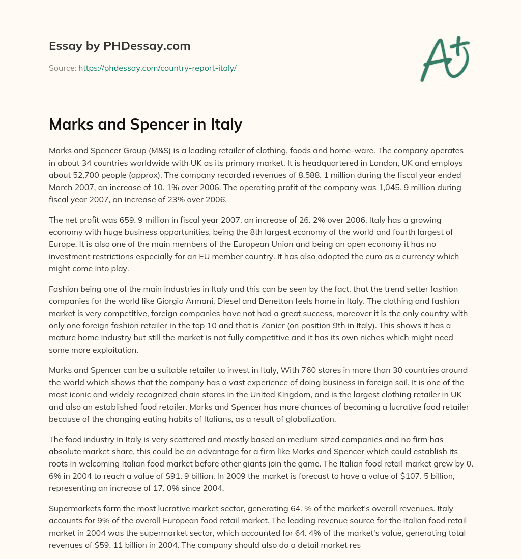 Marks and Spencer in Italy essay