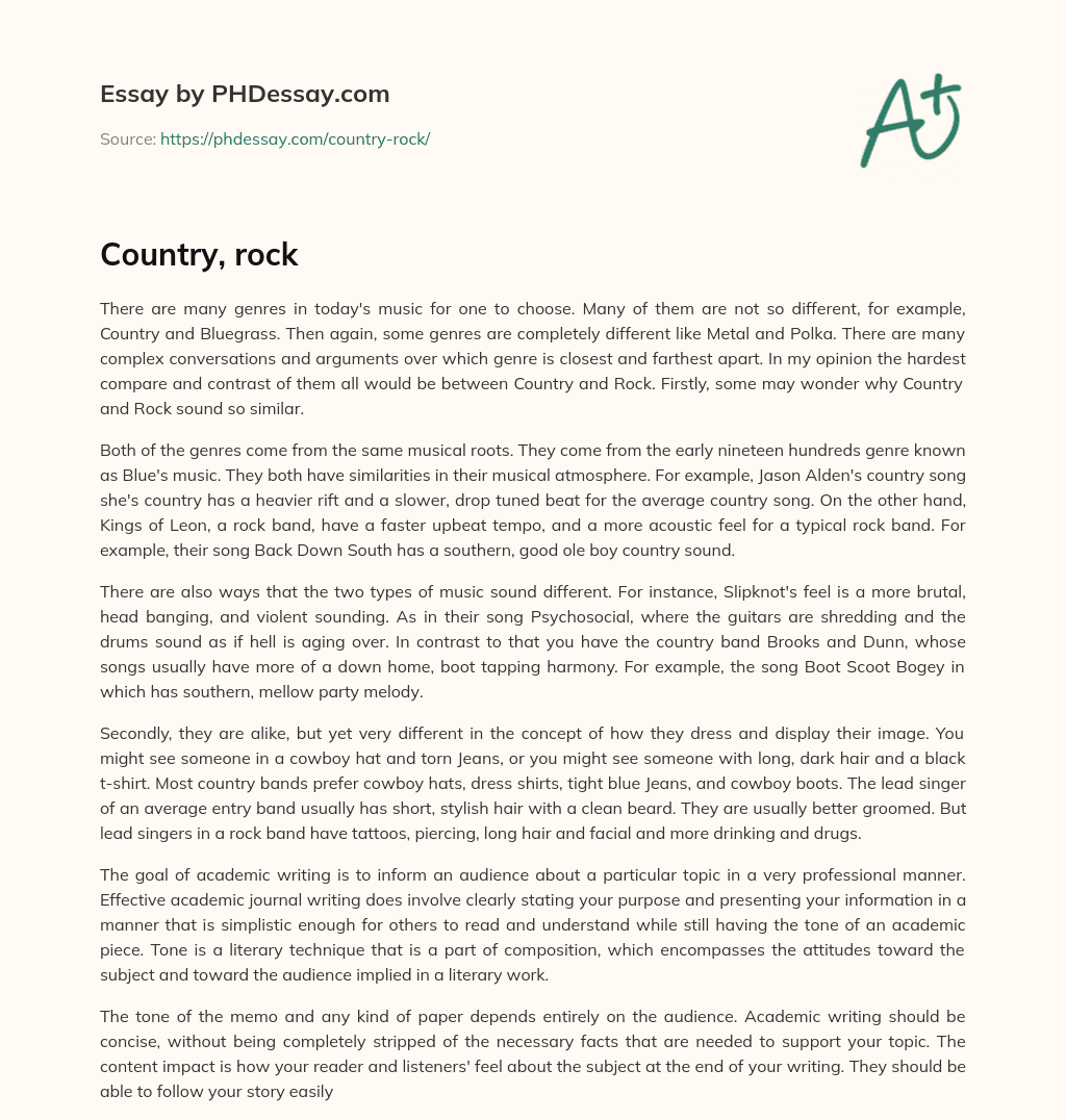 Comparing and Contrasting Country and Rock Music: Similarities and Differences in Musical Atmosphere and Roots essay