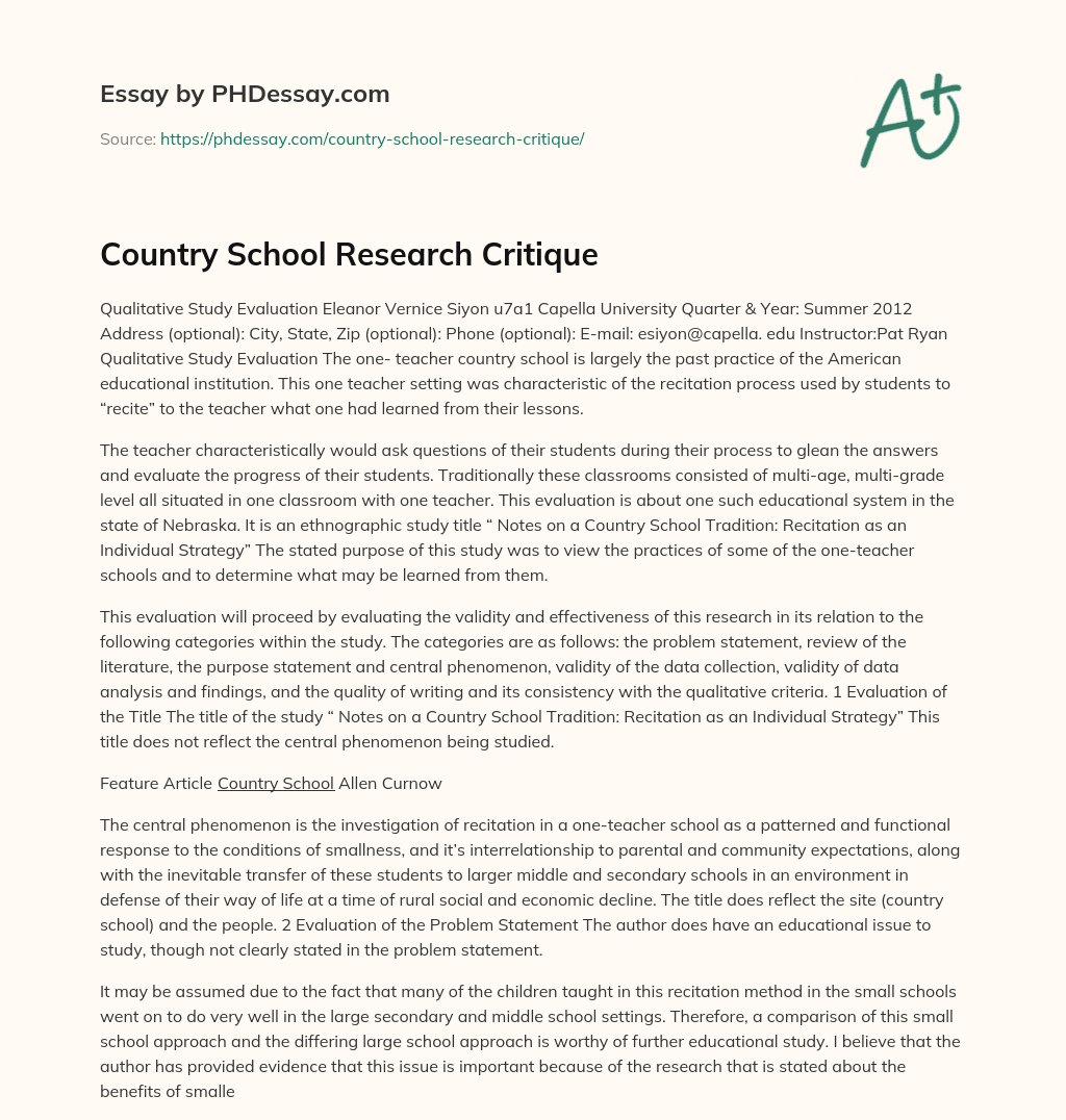 Country School Research Critique essay