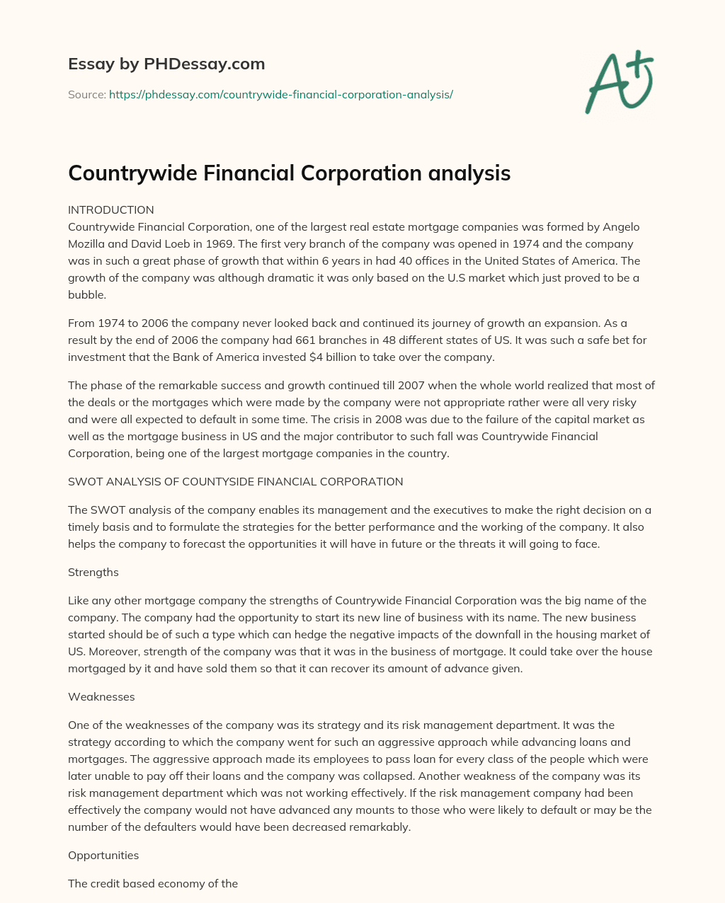 Countrywide Financial Corporation analysis essay