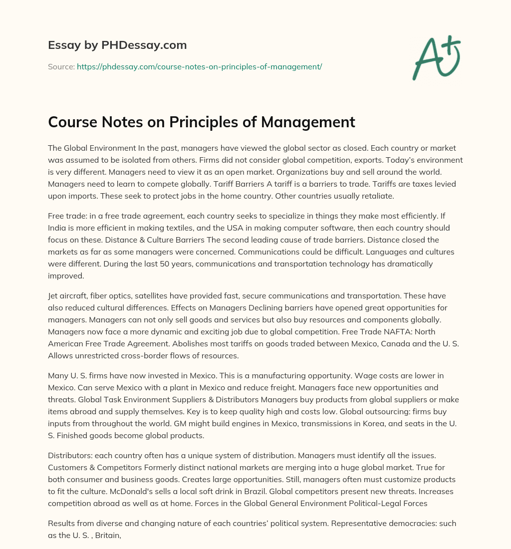 Course Notes on Principles of Management essay