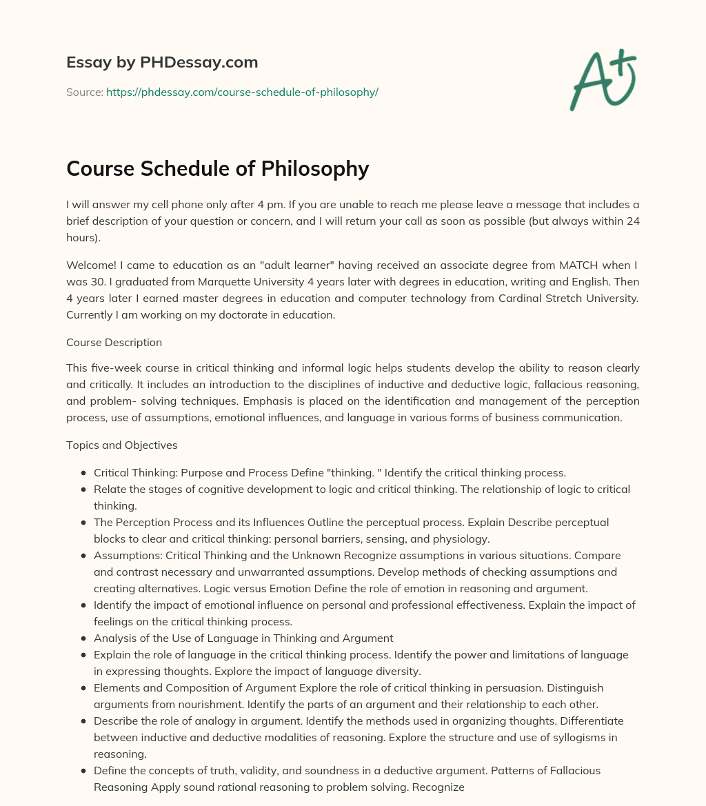 Course Schedule of Philosophy essay