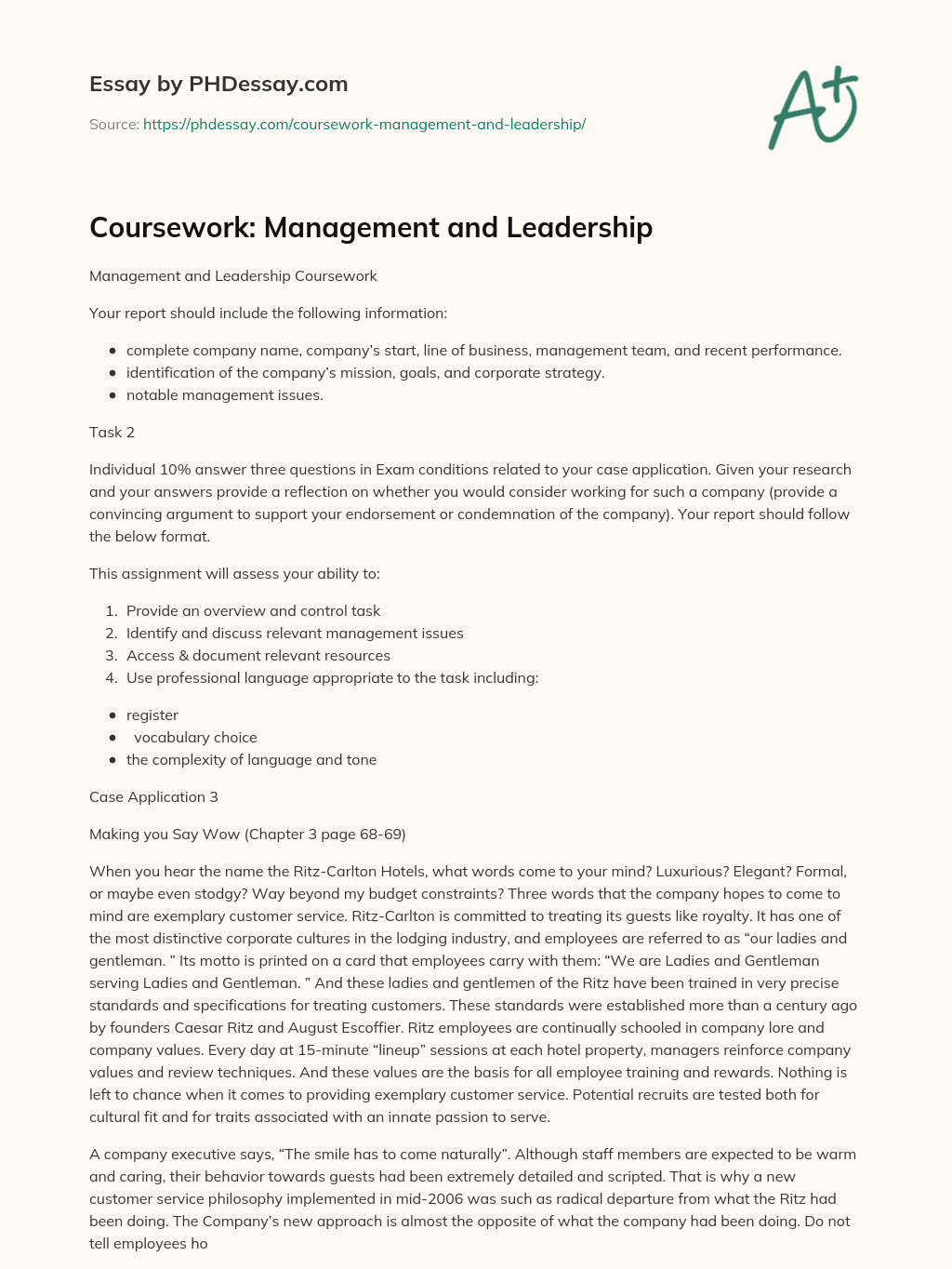 Coursework: Management and Leadership essay