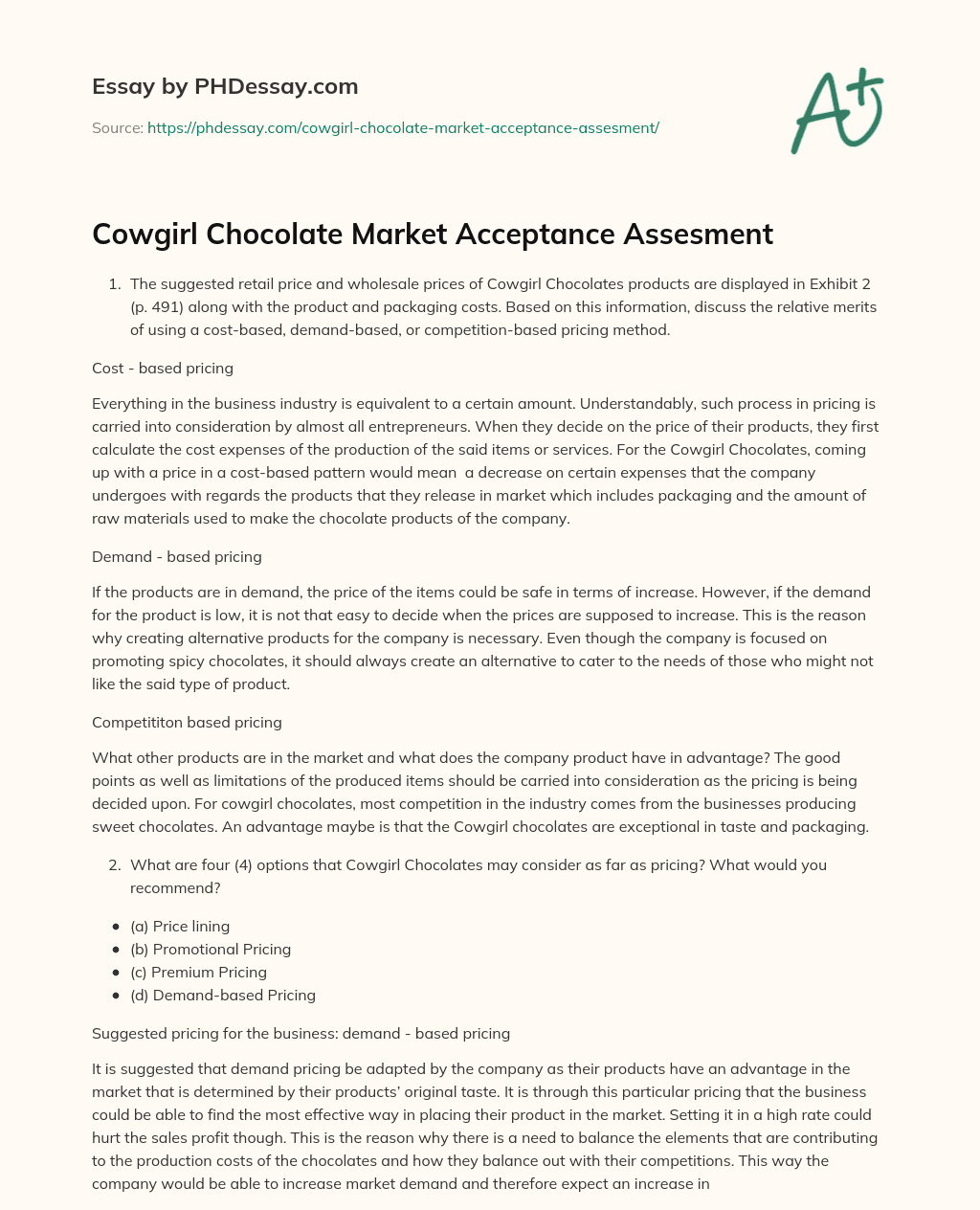 Cowgirl Chocolate Market Acceptance Assesment essay