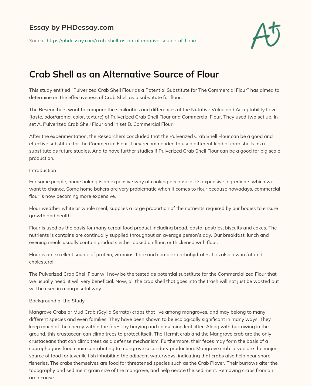 Crab Shell as an Alternative Source of Flour essay