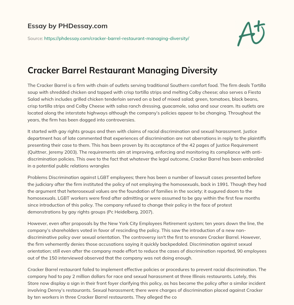 Cracker Barrel Restaurant Managing Diversity essay
