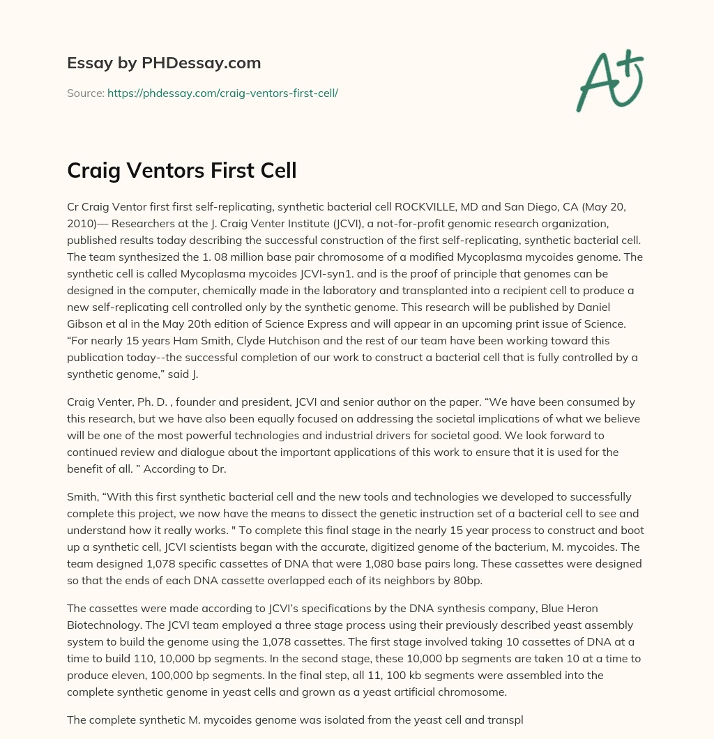 Craig Ventors First Cell essay