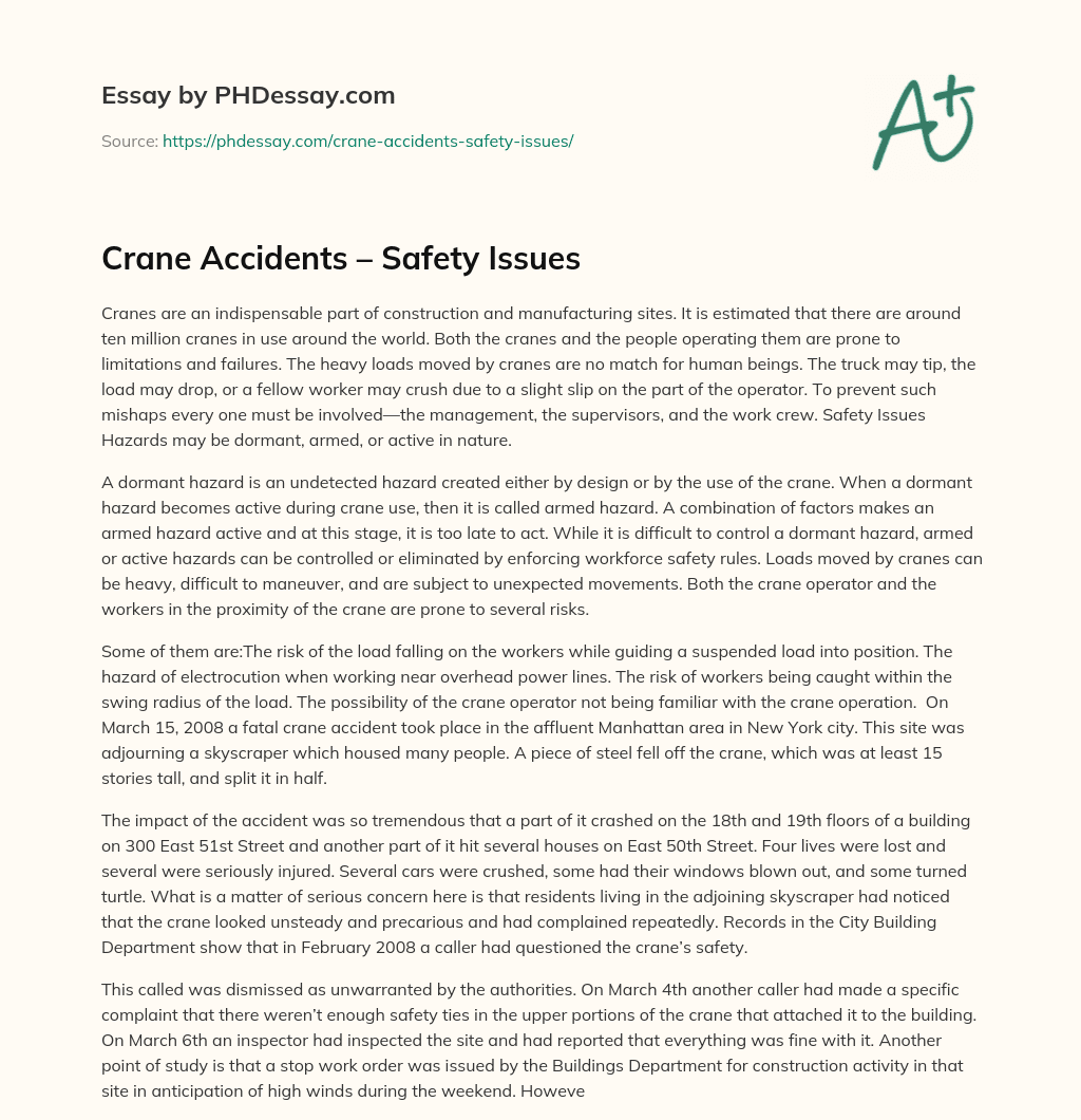 Crane Accidents – Safety Issues essay