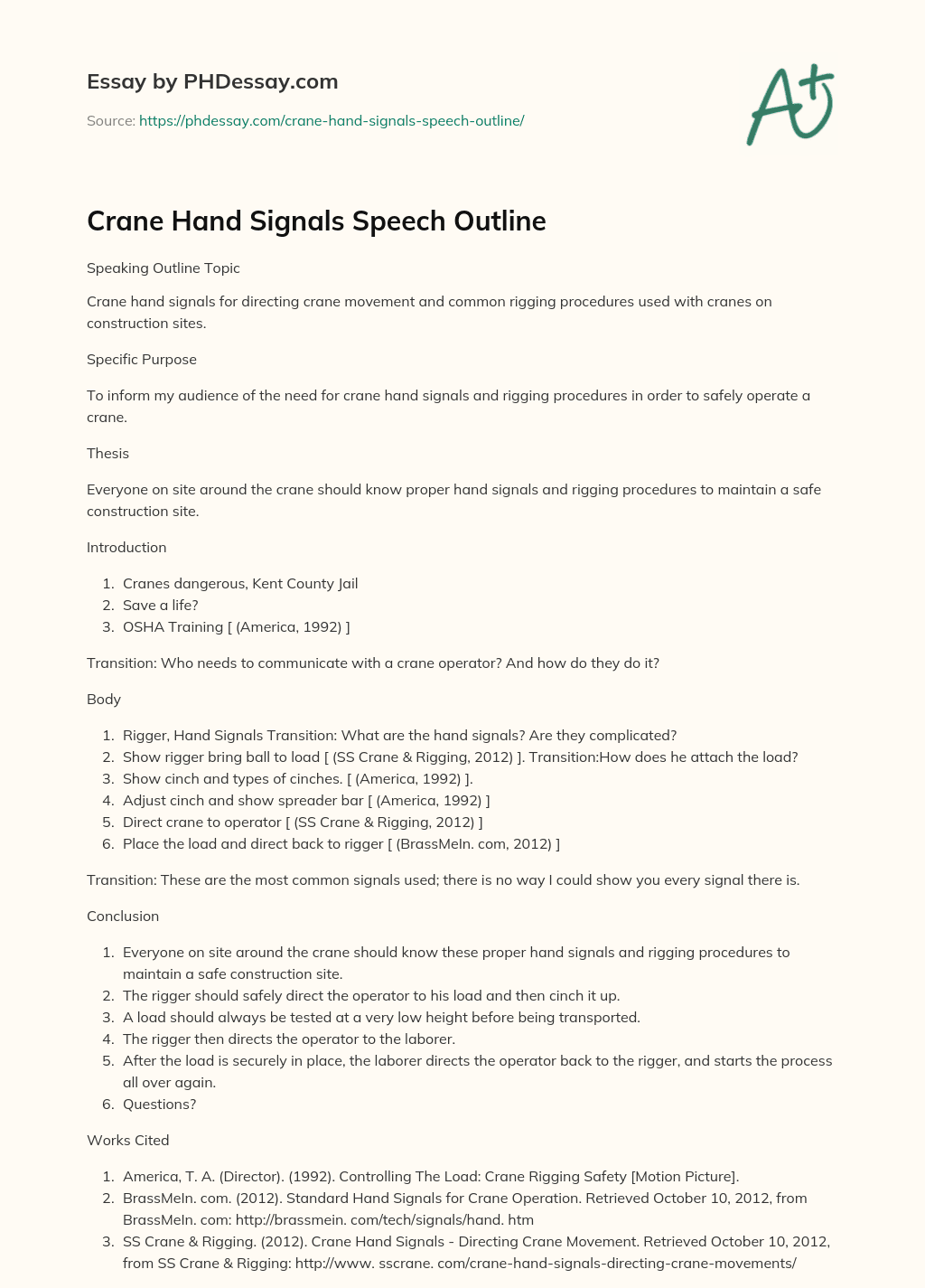 Crane Hand Signals Speech Outline essay