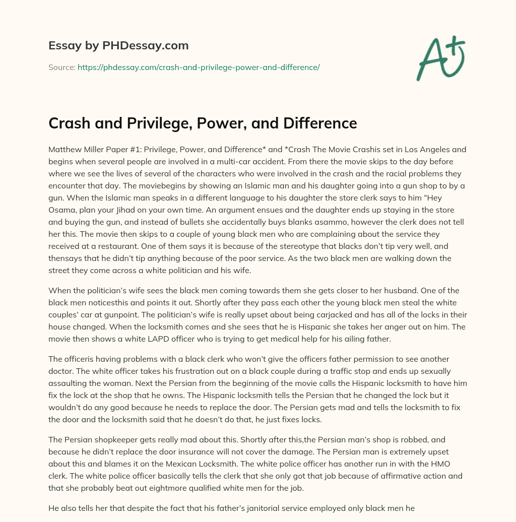 Crash and Privilege, Power, and Difference essay