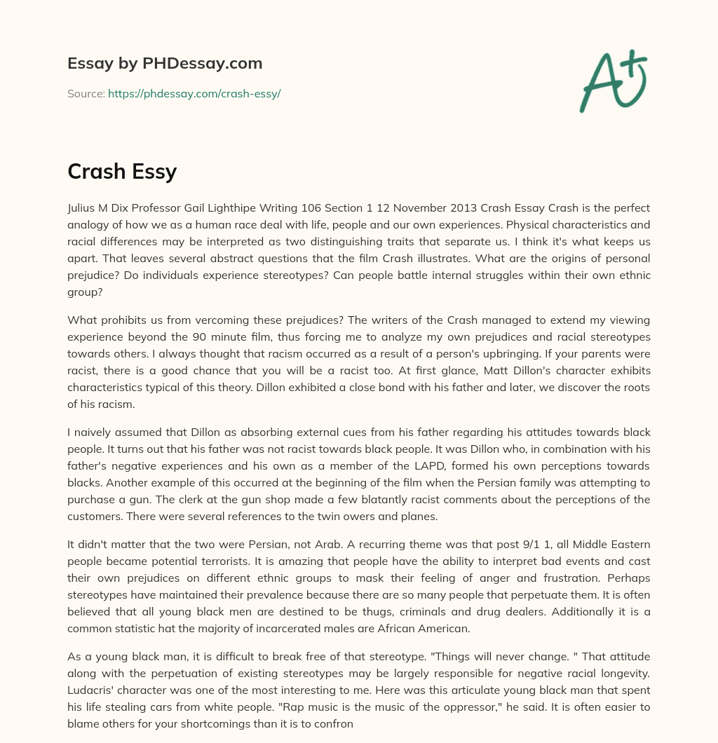 Crash Film Analysis: Examining Personal Prejudice and Racial Stereotypes essay