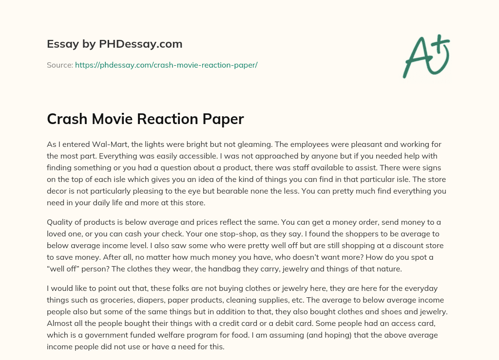 Crash Movie Reaction Paper essay