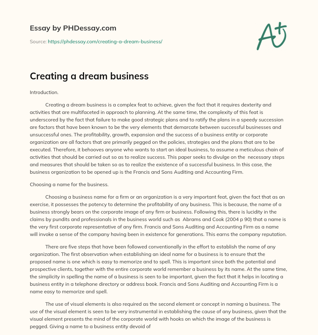 essay about my dream business