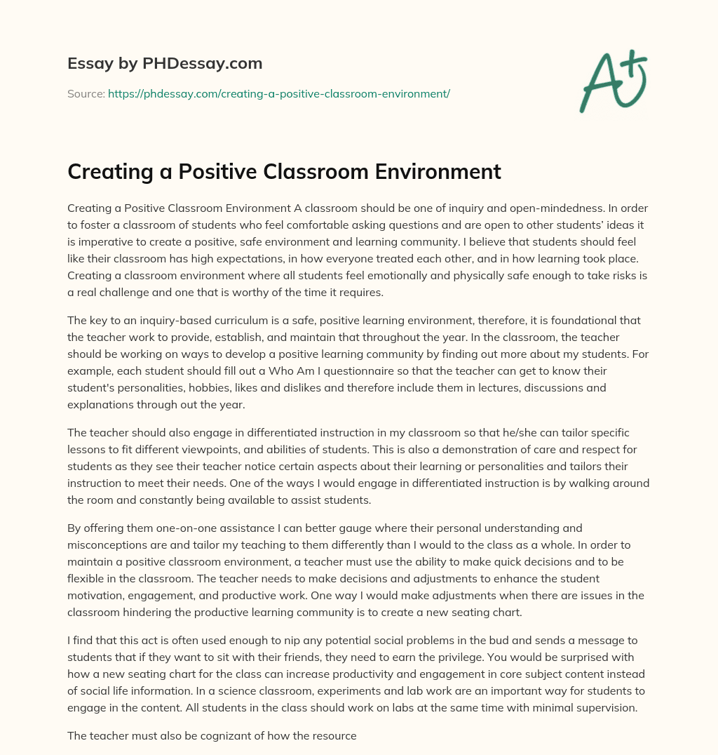 Creating a Positive Classroom Environment essay