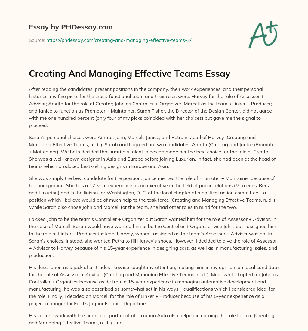 Creating And Managing Effective Teams Essay essay