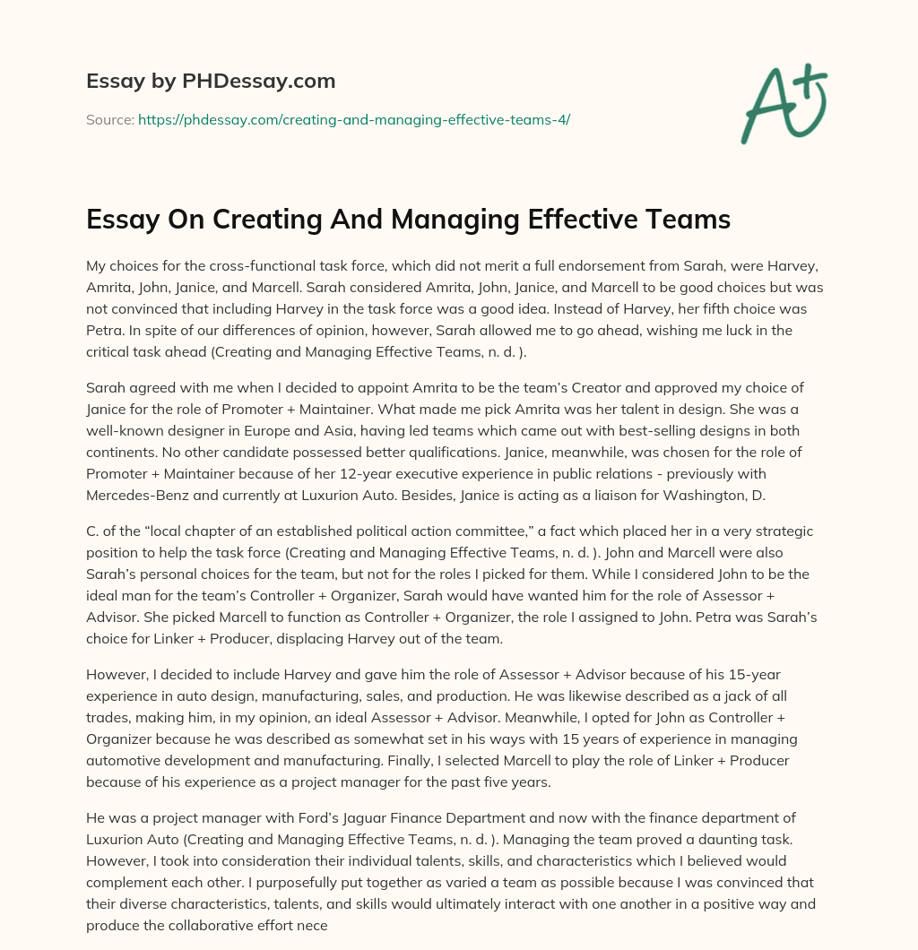 Essay On Creating And Managing Effective Teams essay