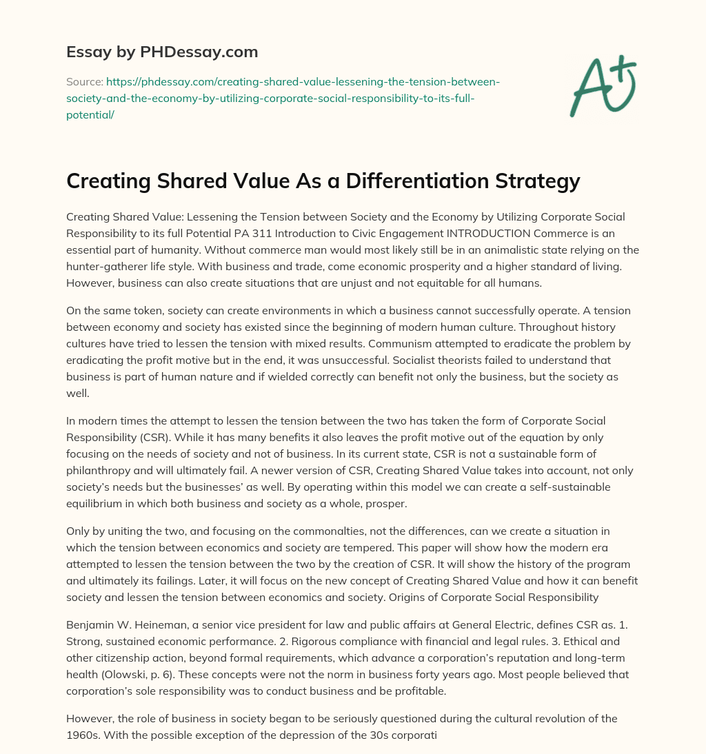 Creating Shared Value As a Differentiation Strategy essay