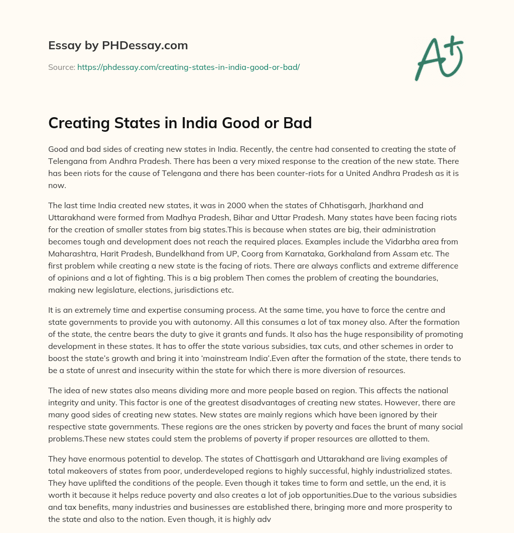 Creating States in India Good or Bad essay
