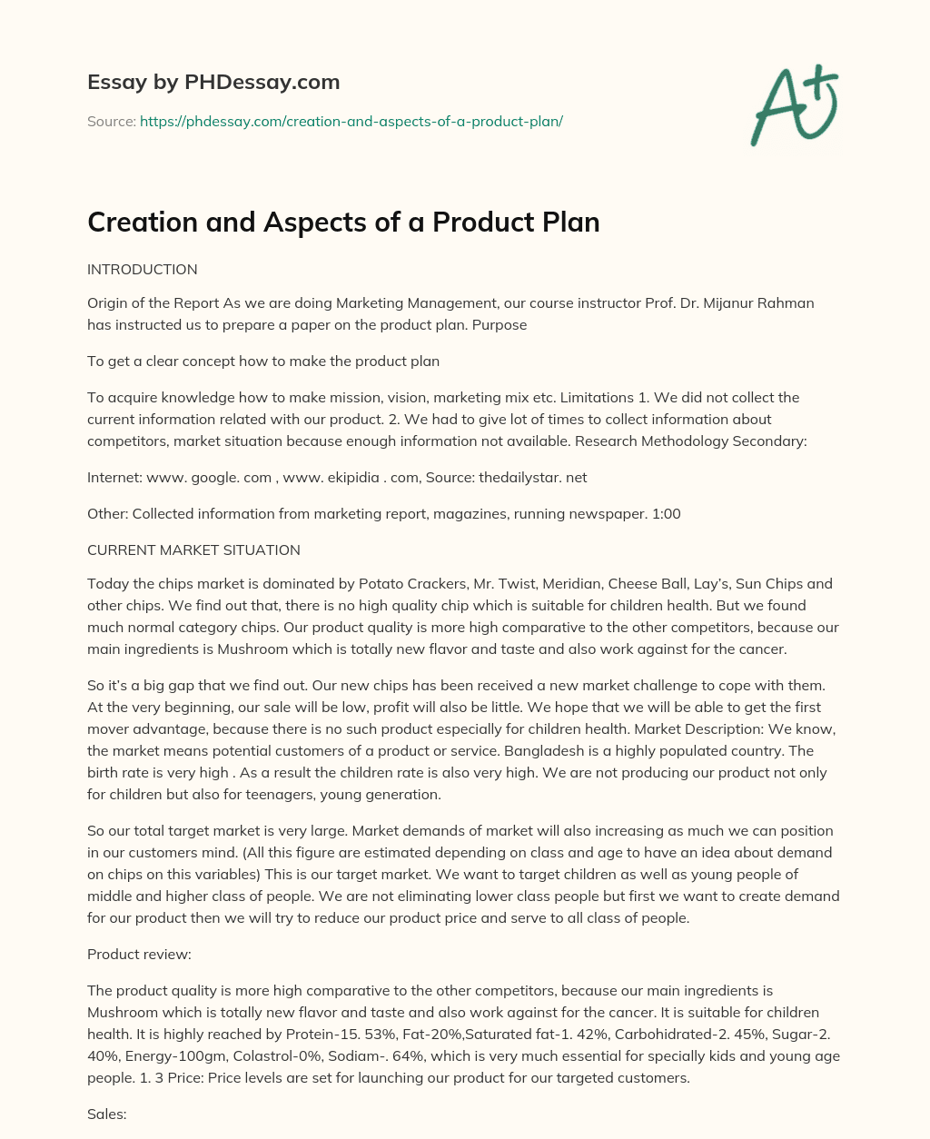 Creation and Aspects of a Product Plan essay