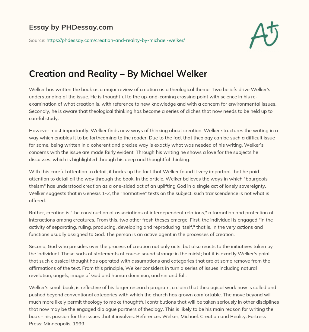 Creation and Reality – By Michael Welker essay