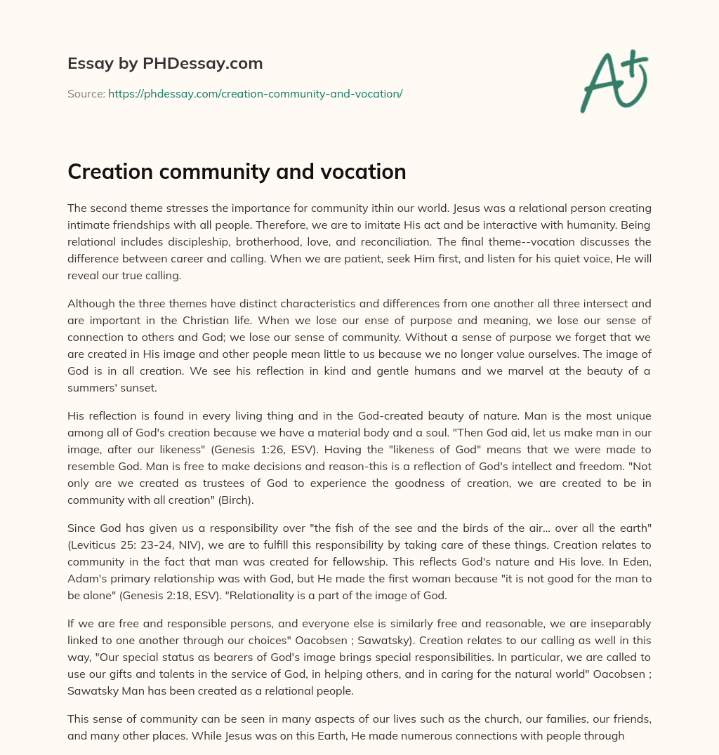 Creation community and vocation essay