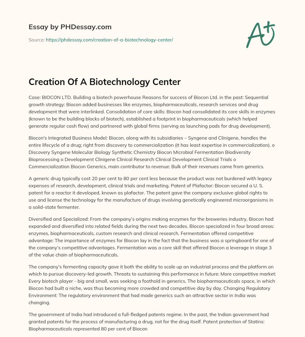Creation Of A Biotechnology Center essay