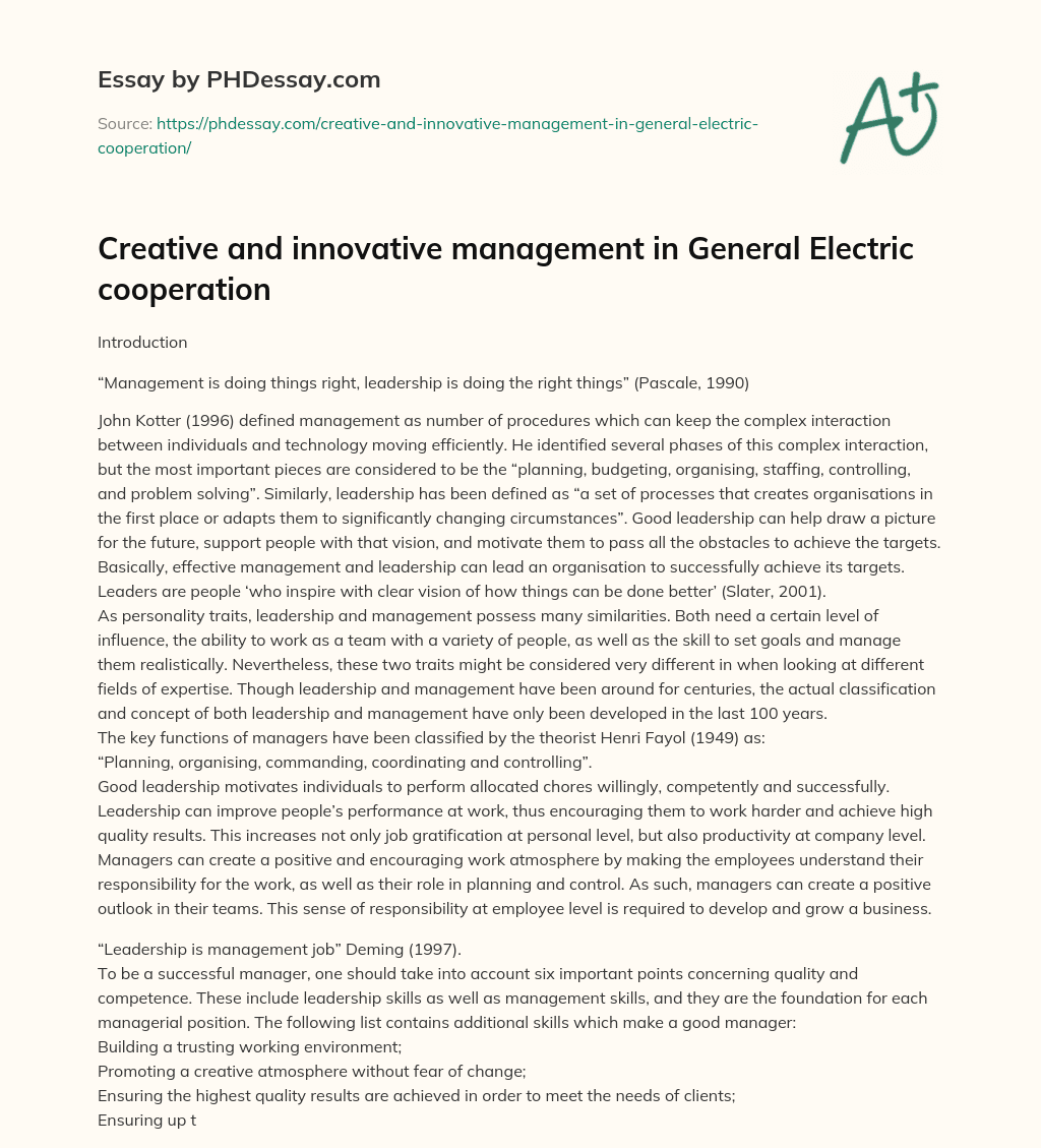 Creative and innovative management in General Electric cooperation essay