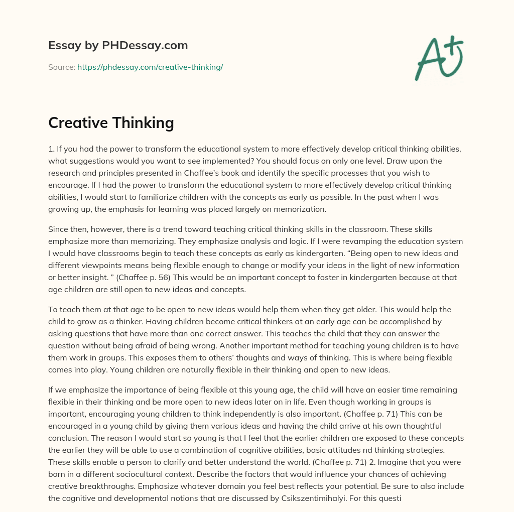 Creative Thinking Essay Example - PHDessay.com