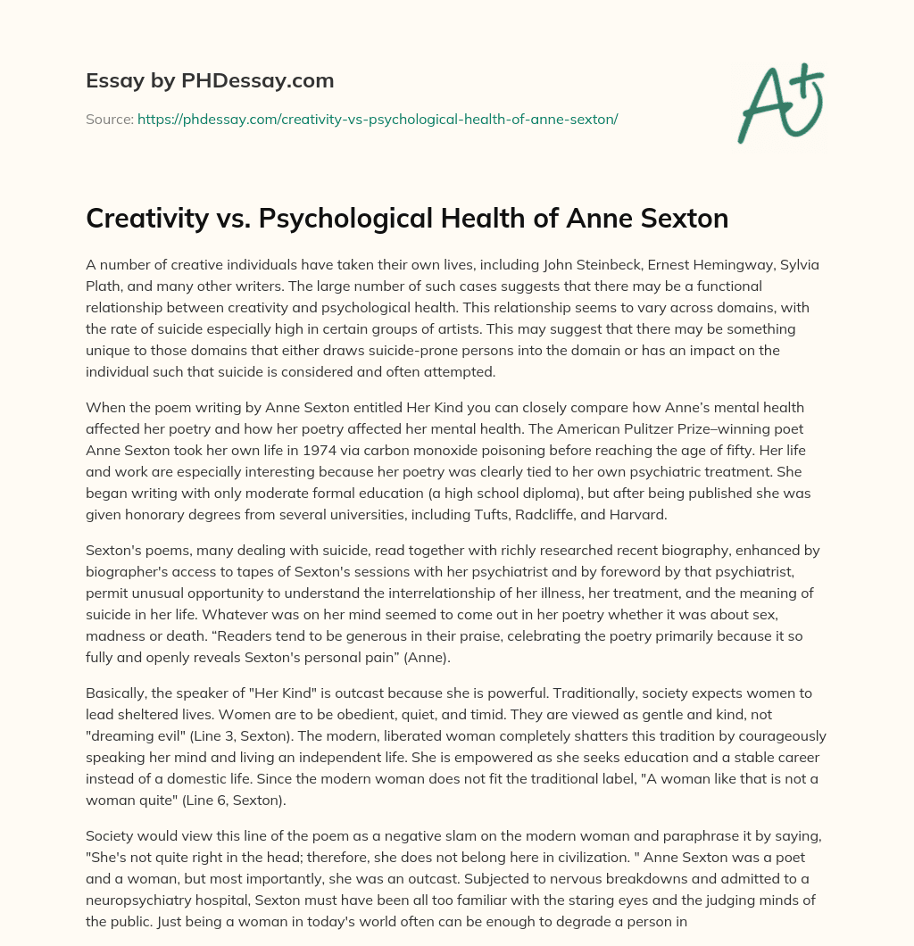 Creativity vs. Psychological Health of Anne Sexton essay